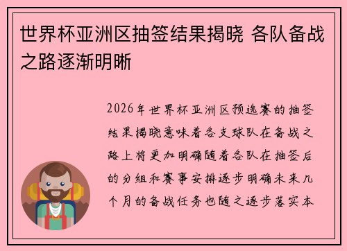 世界杯亚洲区抽签结果揭晓 各队备战之路逐渐明晰